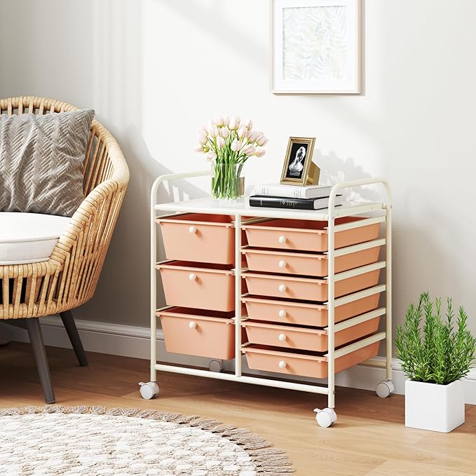 GOFLAME 9-Drawer Rolling Storage Cart, Mobile Utility Cart with Removable Drawers & Metal Frame, Art Craft Organizer Cart with Lockable Wheels, Storage Drawer Cart for Home Office School, Peach Fuzz
