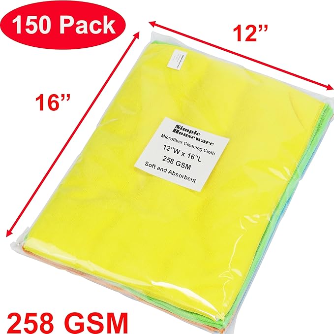 Simple Houseware Microfiber Cleaning Cloth 150 Pack, 12" x 16", 4 Colors