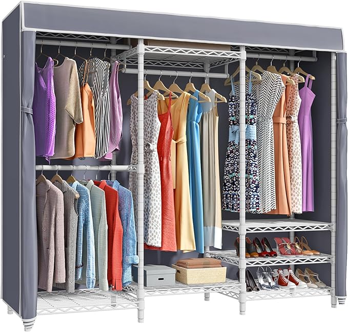 VIPEK V5C Portable Bedroom Armoires Wardrobe Closet with Cover, Heavy Duty Covered Clothes Rack Adjustable Closet Rack, White Metal Clothing Rack with Grey Oxford Fabric Cover, 70.1" Lx17.3 Wx76.4 H