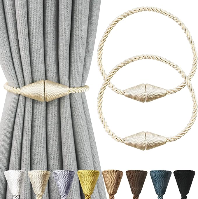 2 Pack Magnetic Curtain Tiebacks Rope Modern Handmade Curtain Tie Backs Decorative Drapes Weave Holdbacks for Window Décor, Beige