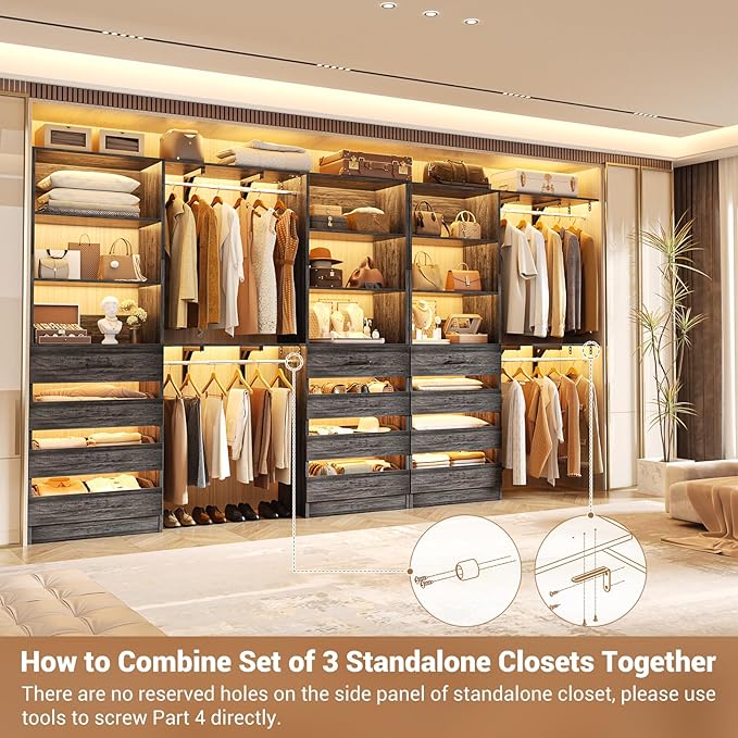 Aheaplus Closet System Set of 3, 138.5" Wood Closet Organizer System Tower with 12 Drawers & 4 Hanging Rods, 6.7+4.85Ft L Shaped Walk-in Closets Wardrobe Organizer Garment Rack with Shelves, Black Oak