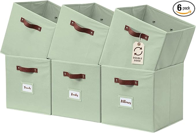 DECOMOMO Storage Bins, Cube Storage Bin with Labels, Fabric Storage Cubes for Shelves (10.5" x 11" / 6pcs, Sage Green)