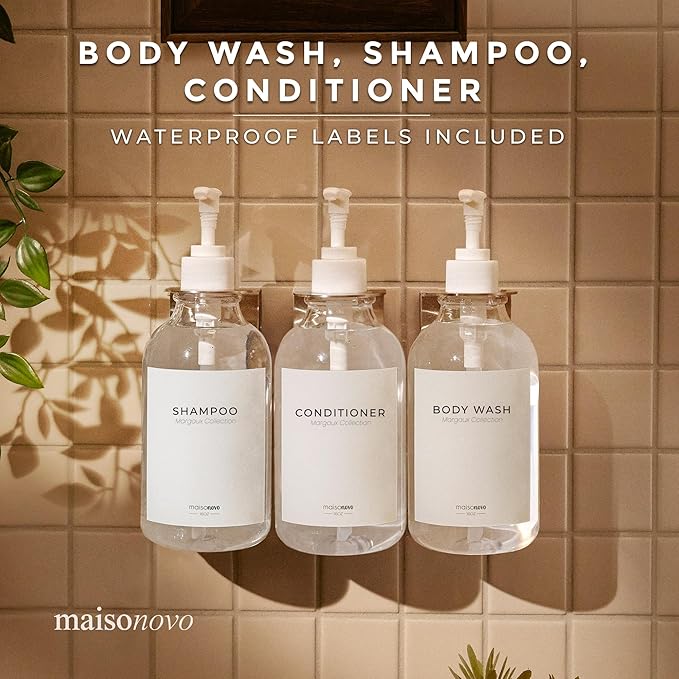 MaisoNovo Shampoo and Conditioner Dispenser - Shower Soap Dispenser Wall Mounted - 16.9 fl oz Set of 3 Clear Plastic Bottles White Pump - Shampoo Dispenser, Shower Dispenser 3 Chamber No Drill