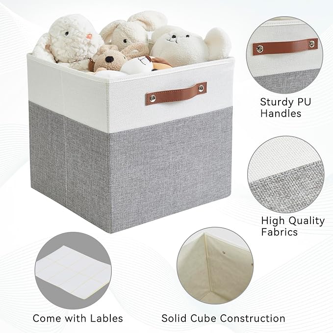 Collapsible Fabric Storage Cube Bins with 2 Reinforced PU Handles, Foldable Storage Organizer Baskets for Closet, Shelves, Living Room | 13"x13"x13", 4 Pack, Gray & White