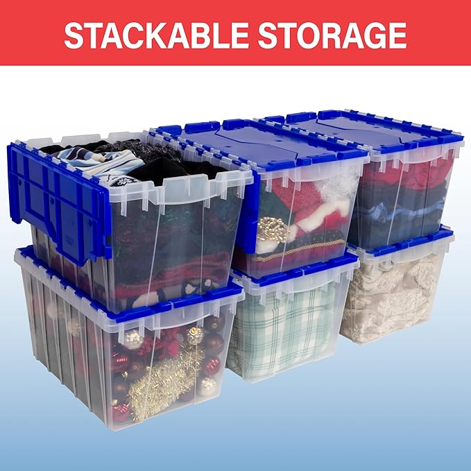 Akro-Mils KeepBox 12 Gallon Storage Container, Nesting and Stackable Plastic Storage Box with Lid Attached, Clear Tote for Garages, Closets, and Moving, 21-1/2" x 15" x 12-1/2", Red/Green