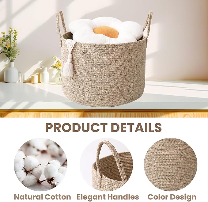 Woven Blanket Basket,65L Large Rope Storage Bin with Handles, Organizer for Blankets Toys Book and Clothes, Laundry Basket for Living Room Bedroom Nursery,Oatmeal