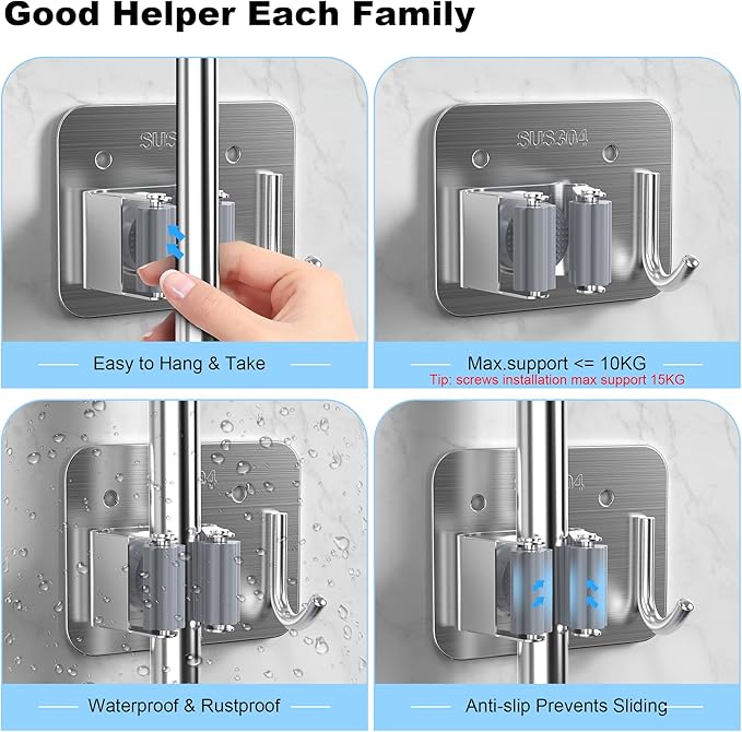 4 Pack Stainless Steel Mop and Broom Gripper with Hook, Screw Drilling or Self Adhesive Mop and Broom Holder Wall Mount, Storage Rack for Closet Laundry Garage Garden Tool Organizer, Silver