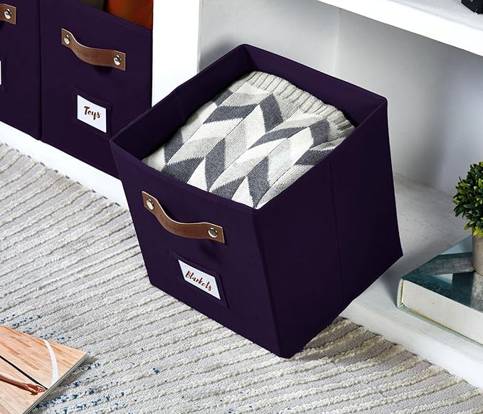 DECOMOMO Storage Bins, Cube Storage Bin with Labels, Fabric Storage Cubes for Shelves (10.5" x 11" / 6pcs, Deep Purple)