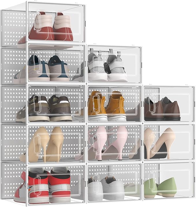 12 Pack XXX-Large Modular Clear Plastic Stackable Shoe Storage Organizer for Closet, Space Saving Versatile Sneaker Shoe Rack Containers Bins Holders, Portable Closet Organizers and Storage, White