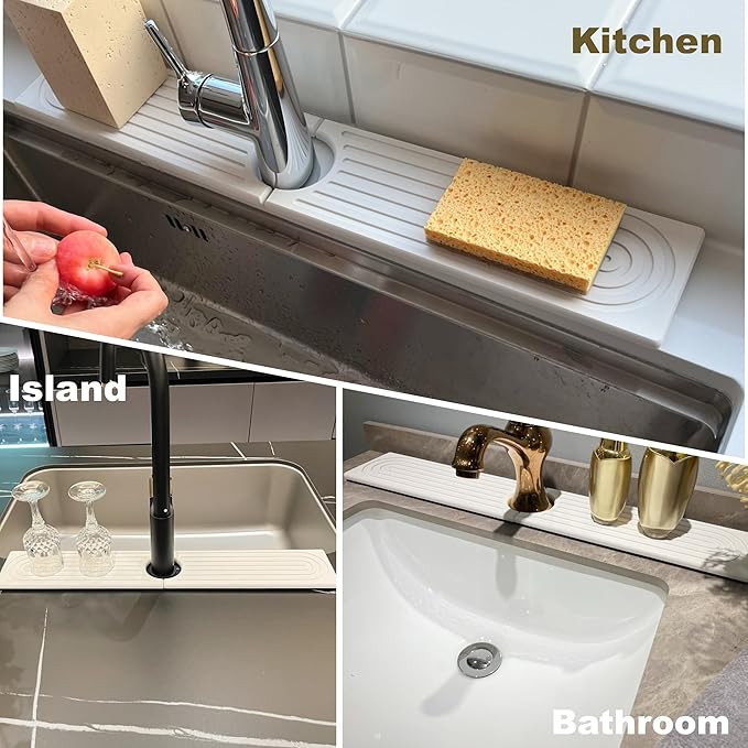 Faucet Mat for Kitchen Sink, Stone Drying Mat for Kitchen Counter, Stone Mat Bathroom, Kitchen Mat, Sink Mat, Water Absorbing Stone Tray for Sink, Bathroom Stone Mat(WHITE, 23.6 * 4")