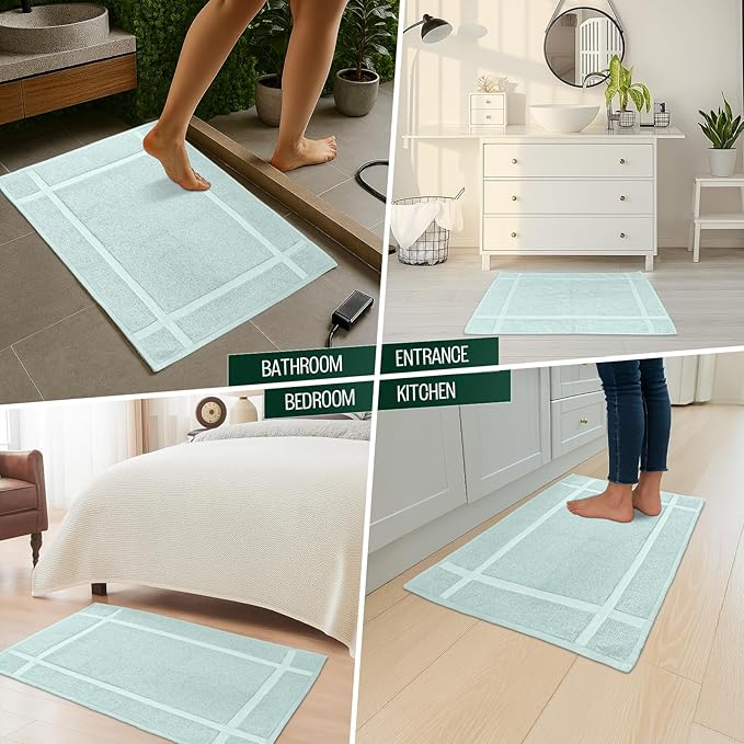 Pearl Linens Pack of 2 100% Cotton Bath Mat 18x25 inches, Soft & Absorbent Quick Dry Bathroom Mat Set, Not Bathroom Rugs, After Shower Mat, Bath Tub Mat, 687 GSM, Machine Washable, Mint Green