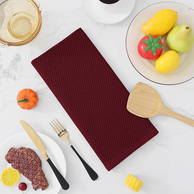 Homaxy 100% Cotton Waffle Weave Kitchen Dish Towels, Ultra Soft Absorbent Quick Drying Cleaning Towel, 13 x 28 Inches, 8-Pack, Burgundy