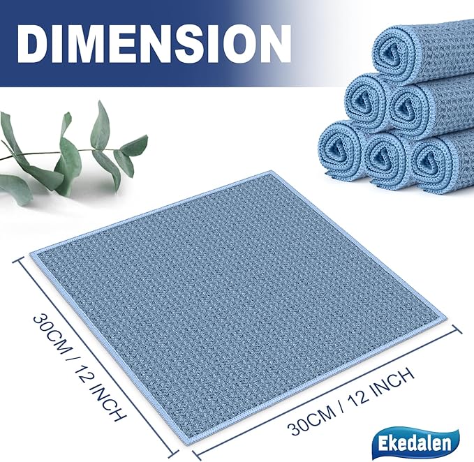 Microfiber Cleaning Cloth Waffle Weave for Dusting Absorbent Towel Quick Drying Dust Rags Household Kitchen, Lint Free Streak Free, 6 Pack,12 x 12 Inches, Blue