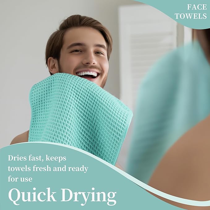 Microfiber Waffle Face Towels, 2 Pieces, Soft, Absorbent, Fast Drying, Lint Free (Turquoise)