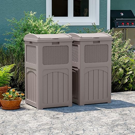 Patiowell 36 Gallon Outdoor Trash Can, Resin Outdoor Garbage Can with Lid for Patio, Backyard, Deck, Light Brown （2 Pack）