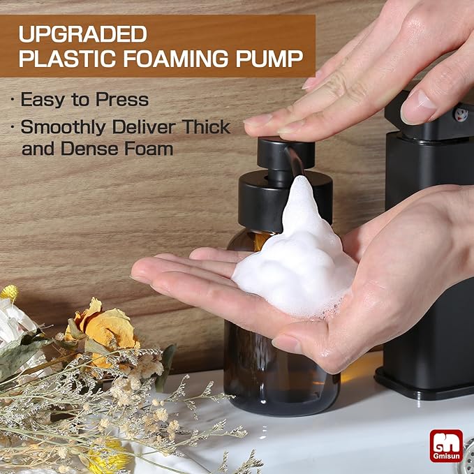GMISUN Foaming Soap Dispenser, 8.5 fl oz / 250ml Amber Glass Foam Soap Dispenser for Bathroom & Kitchen, 2 Pack Modern Refillable Foaming Hand Soap Dispensers, Foam Pump Bottle with Waterproof Labels