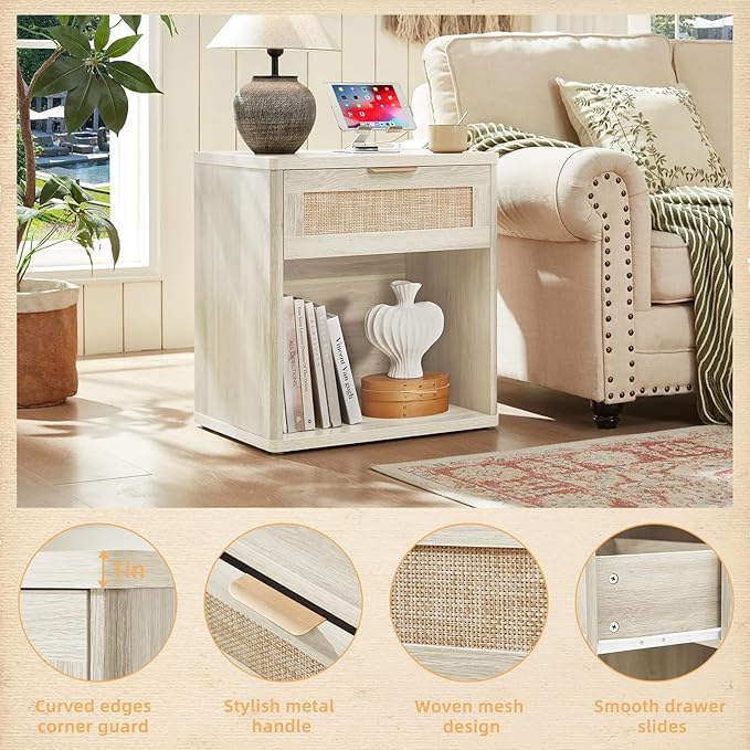 LEYAOYAO Rattan Nightstand with Charging Station, 23" Wide Boho Night Stand with Drawer, Grey White Bedside Table Open Storage Cabinet, Bed Side End Tables Dresser for Bedroom, Living Room, Hallway
