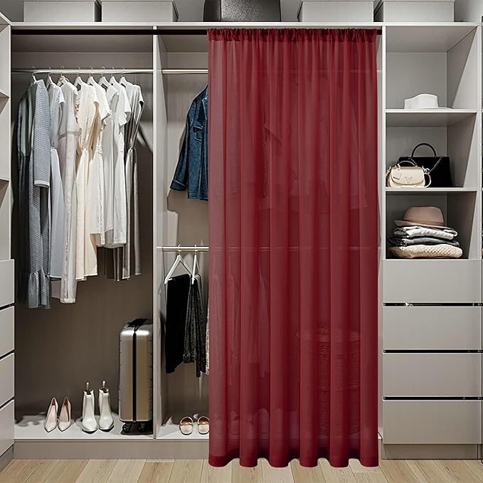 Tollpiz Sheer Door Curtains Closet Linen Textured Curtains Sheer Doorway Light Filtering Voile Rod French Door Pocket Curtain Patio Glass Door, 25 x 72 inches Long, Burgundy Red, Set of 1 Panel