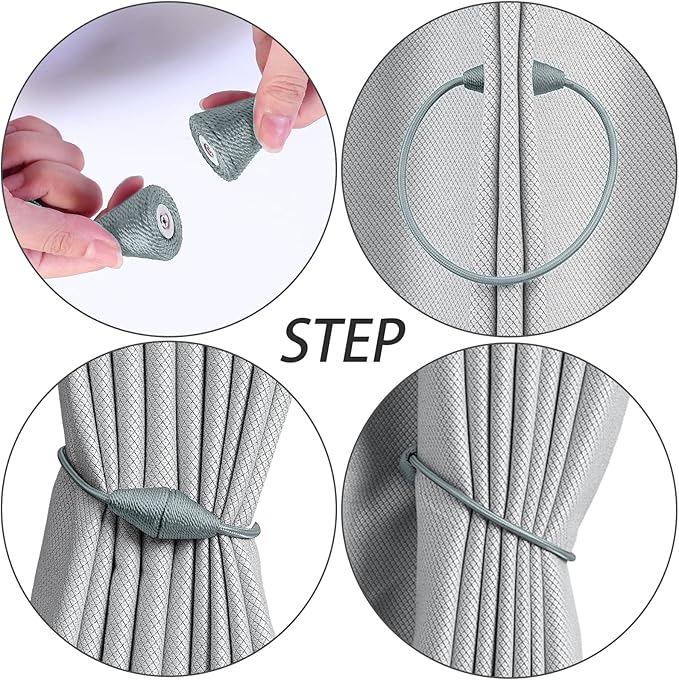 2 PCS Magnetic Curtain Tiebacks, European Style Convenient Drape Tie Backs Holdbacks for Thin or Thick Home & Office Window Draperies, No Tools Required (Grey Blue)