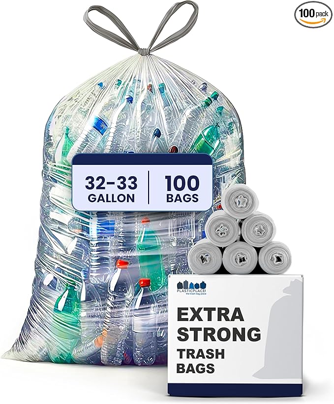 Plasticplace 32-33 Gallon Recycling Bags │ 0.9 Mil │ Clear Drawstring Garbage Can Liners │ 33" x 38" (100 Count)