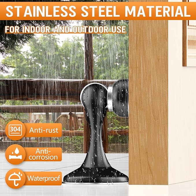 Crosize Magnetic Door Stoppers 2 Pack, Stainless Steel Door Catch for Wall and Floor Mounting, Door Holder Keep Door Open, No Drilling Door Stop with Adhesive Tapes, Black