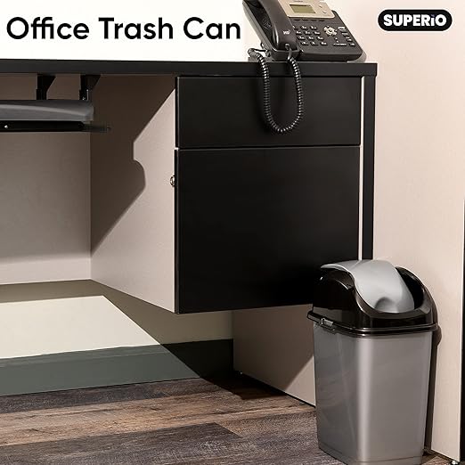 Superio Small 2.5 Gallon Plastic Trash Can with Swing Top Lid, Compact Slim Waste Bin for Under Desk, Office, Bedroom, Bathroom, Dorm Room, 10 Qt. Portable Garbage Can (Grey/Black)