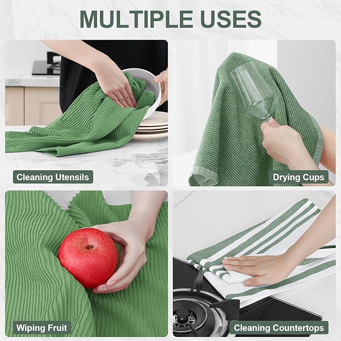 Homaxy Premium Kitchen Towels(18”x 28”, 9 Pack), Large Cotton 380 GSM Kitchen Hand Towels, Soft and Absorbent Terry Dish Towels, Multipurpose Tea Towel Set with Hanging Loop, Grass Green