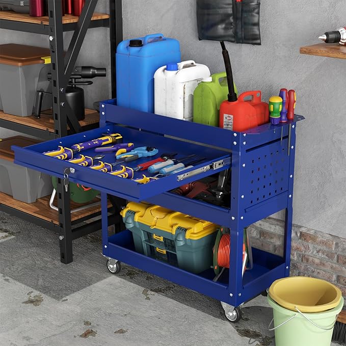 3 Tier Heavy Duty Tool Cart, Mechanic Metal Rolling Tool Carts Work Cart with Locked Drawers & Pegboard for Garage Workshop