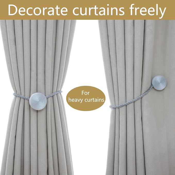 Magnetic Curtain Tiebacks - 12mm Magnetic Tie Backs for Curtains, Heavy Duty No Drill Curtain Holdbacks for Home/Office Windows Drapes, Elegant Gift-Ready Design 7 Colors (2, Gray)
