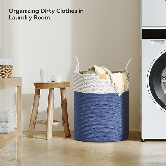 Laundry Hamper 62L,Large Laundry Basket for Clothes,Decorative Storage Basket for Blankets,Cotton Rope Woven basket for bedroom,Navy Blue
