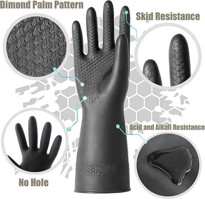 Chemical Resistant Latex Gloves,Cleaning Protective Safety Work Heavy Duty Rubber Gloves, S-M-L-XL Size, Black 1 Pair