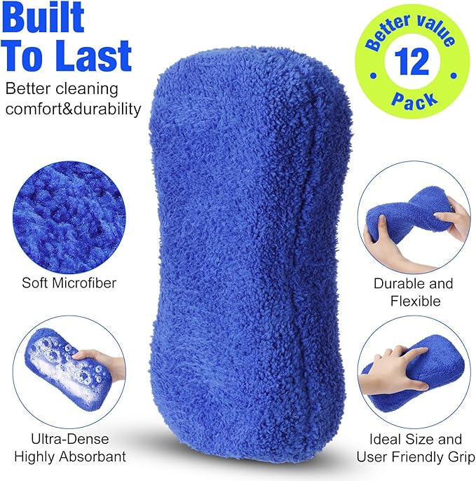 12 Pack Microfiber Car Wash Sponge 9" x 4.3" Large Sponges Two-Sided Non-Scratch Wash Mitt Microfiber Applicator Pad for Car Washing Supplies, Extra Thick Foam Kit Great for Cleaning