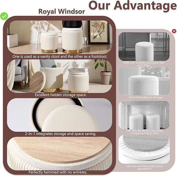 Royal Windsor Round Ottoman with Storage Set of 2, Vanity Stool with Storage for Bedroom, Ottoman Coffee Table Gold-Tone Ring Around The Base, Small Velvet Foot Stool for Living Room, Beige