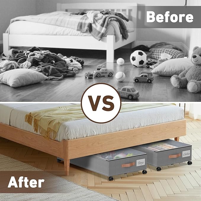 Under Bed Storage with Wheels, 2-Pack Under Bed Storage Containers with Clear Lids, XXL 65L Under the bed storage Organizer Bins, Rolling Under Bed Metal Drawer for Clothes,Shoes,Toys (Gray, 2-Pack)