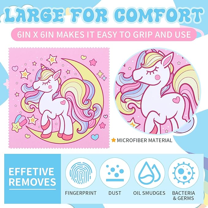 Sinmoe 20 Pcs Microfiber Cleaning Cloth Cute Unicorn Design Microfiber Soft Multicolor Glasses Cleaner Cloth for Eyeglasses Camera Lens Cell Phone Screens Glasses, 6 x 6 Inches