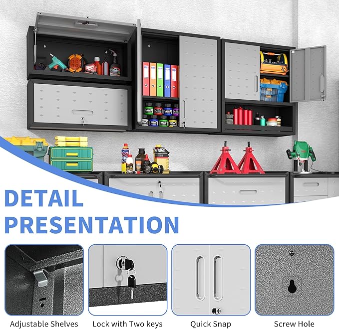 Metal Wall Cabinets with Doors and Shelves Black and Gray Garage Cabinets Wall Mounted Adjustable Storage Shelving Floating Garage Tool Cabinet,Wall Cabinet for Warehouse/Basement/Kitchen