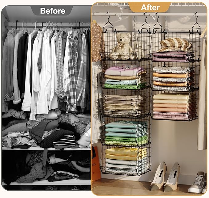 6 Tier Closet Hanging Organizer, Clothes Hanging Shelves with 4 Hanging Hooks 5 S Hooks, Wire Storage Basket Bins, for Clothing Sweaters Shoes Handbags Clutches Accessories Patent Design-Black