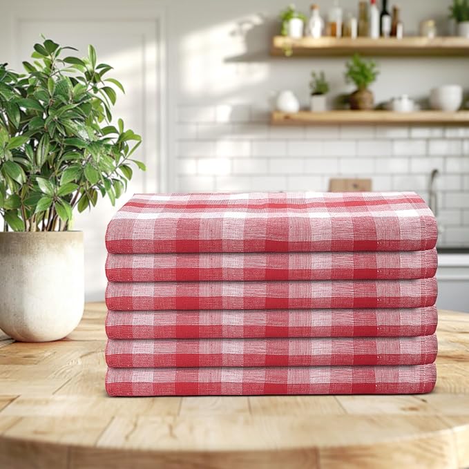 Christmas Kitchen Towels Set of 6 Red/White Checks, Reusable Cotton 20X30 Inches Dish Towel Highly Absorbent Premium Quality Ultra Soft Mitered Corners Kitchen Towels