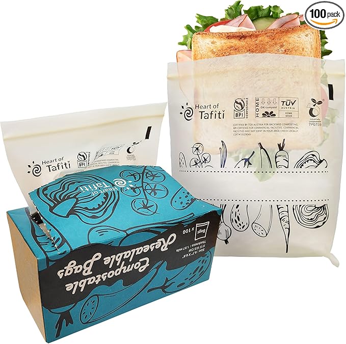 Compostable Food Storage Bags, Resealable Sandwich Bags, 100 Count, 6.7 x 6.8 inches, Extra Thick and Reusable, Eco-Friendly, Certified US BPI ASTM D6400 Europe OK Compost