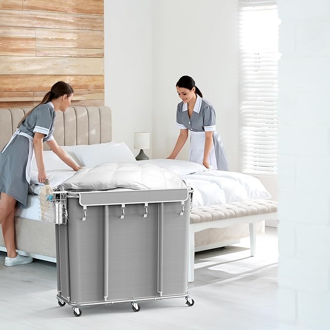 Simple Houseware Extra Large Rolling Laundry Cart – Heavy Duty Hamper with 2 Removable Bags & 6 Smooth Wheels – Commercial Laundry Organizer for Home, Hotel, Dorm, Gym, Gray