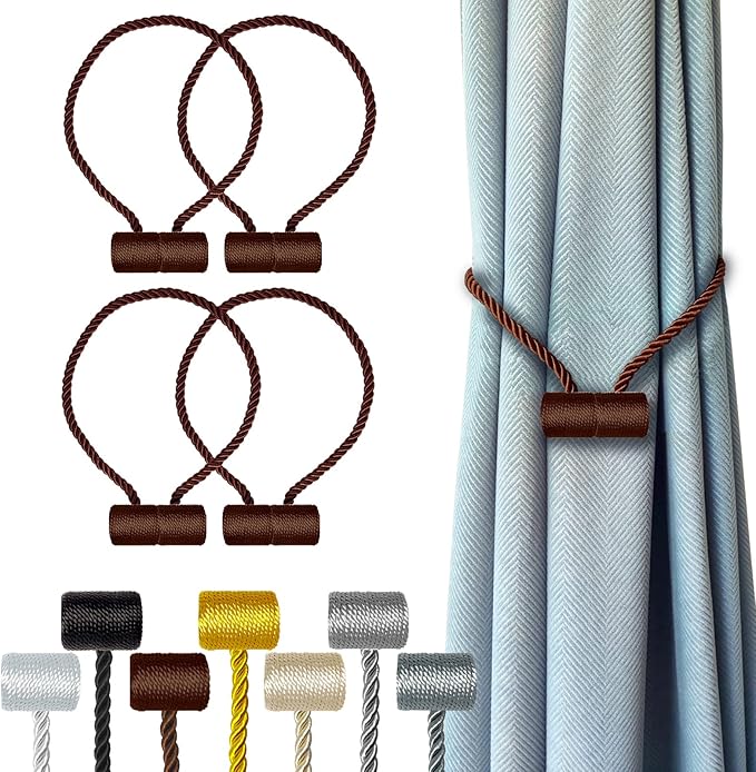 Hion Magnetic Curtain Tiebacks Dark Brown 4 Pack, Curtain Tiebacks Buckles Holdbacks Holders Hooks Clip for Home Bedroom Office Decorative Thick or Thin Curtain
