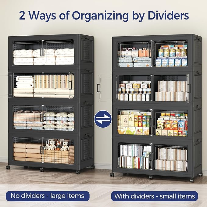 120GAL Extra Large Storage Bins with Lid, 480Qt Stackable Closet Organizers and Drawers, Collapsible Storage Bins with Wheels, Folding Storages Cabinet for Home Bedroom Office, 3Pack Black