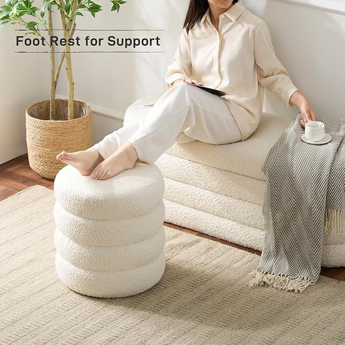 Round Ottoman with Storage Boucle Ottoman Stool with Storage Removable Lid for Living Room Modern Vanity Sorage Stool Foot Rest Bedroom Dorm Gift Set of 1 (White)