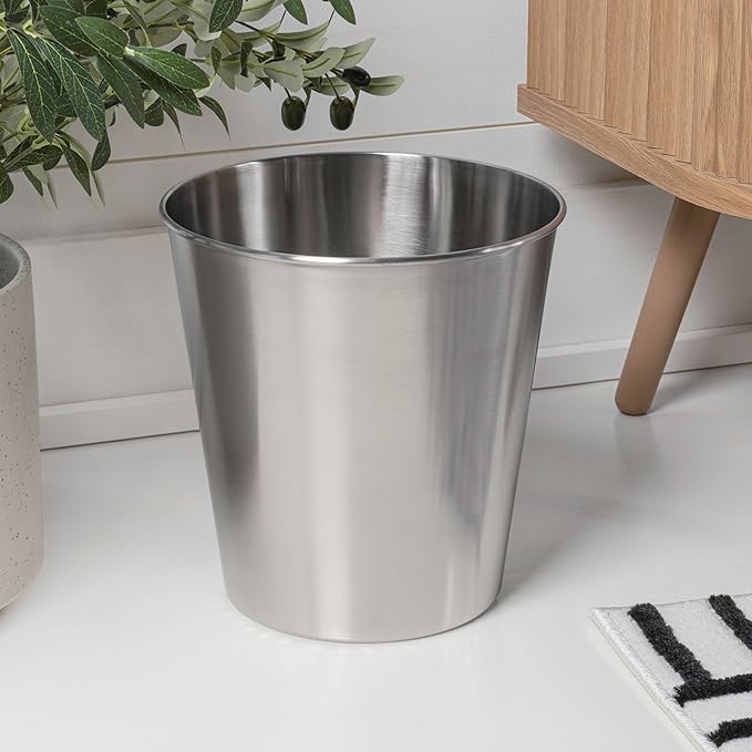 happimess HPM1113C-SET2 Nolan Modern Classic Smooth Steel 2 Gal Waste Bin for Kitchen, Office, Bathroom, Bedroom, Dorm, Brushed Steel (Set of 2)