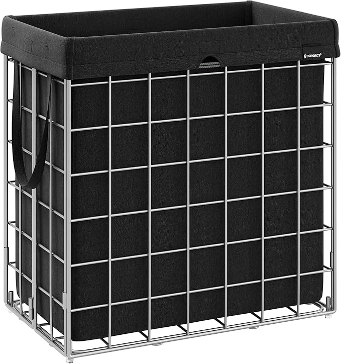 SONGMICS 29 Gal. (110L) Laundry Basket, Laundry Hamper, Collapsible Clothes Hamper, Removable and Washable Liner, Metal Wire Frame, for Bedroom Bathroom, Silver and Classic Black ULCB111B01