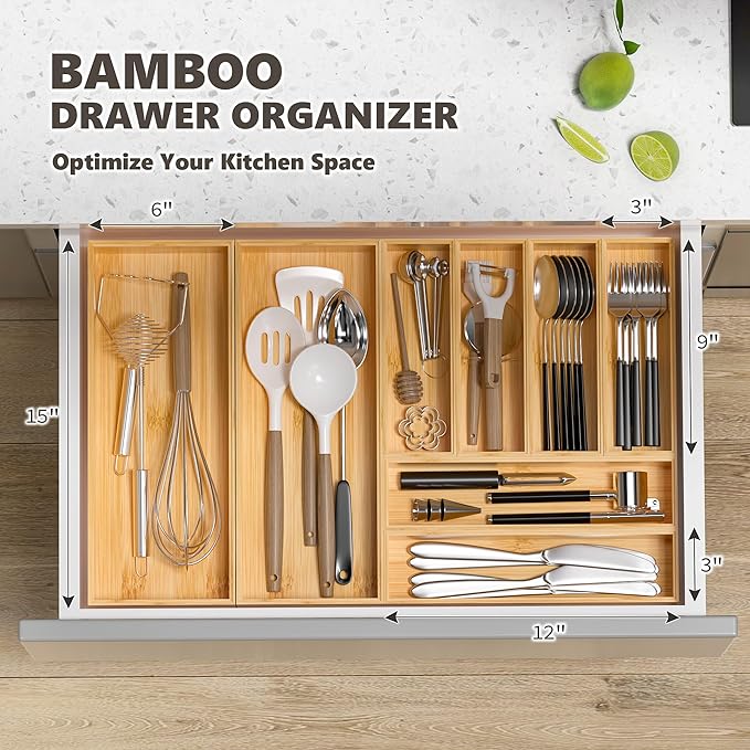 Kitchen Drawer Organizer Bins, Stackable Bamboo Deep Drawer Organizer for Silverware, Utensils, Cutlery, Flatware, Junk Drawer, Dresser, Bathroom, 12" x 3" x 2.5" (Set of 2)
