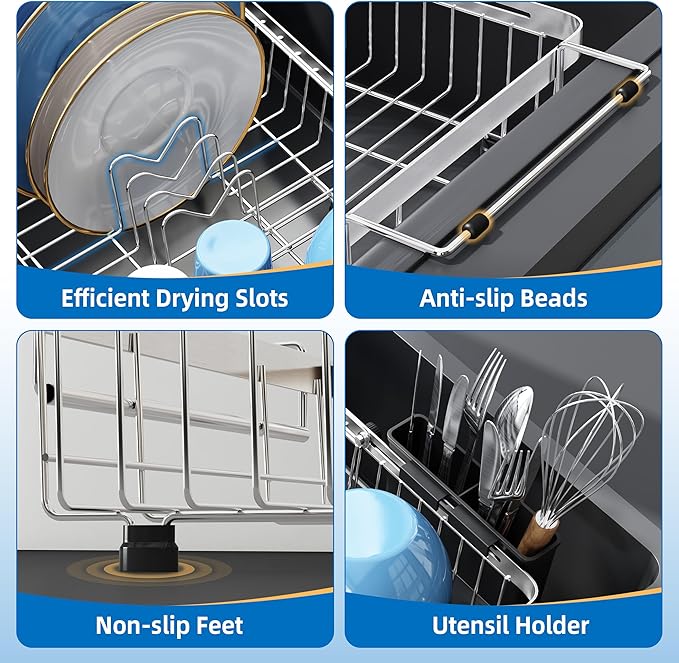 romision Expandable Dish Drying Rack Over The Sink Small Metal Stainless Steel Plate Holder for Compact Kitchen, Space Saving Modern Silver Hanging Drainer