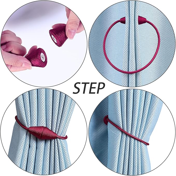 2 PCS Magnetic Curtain Tiebacks, European Style Convenient Drape Tie Backs Holdbacks for Thin or Thick Home & Office Window Draperies, No Tools Required-Burgundy