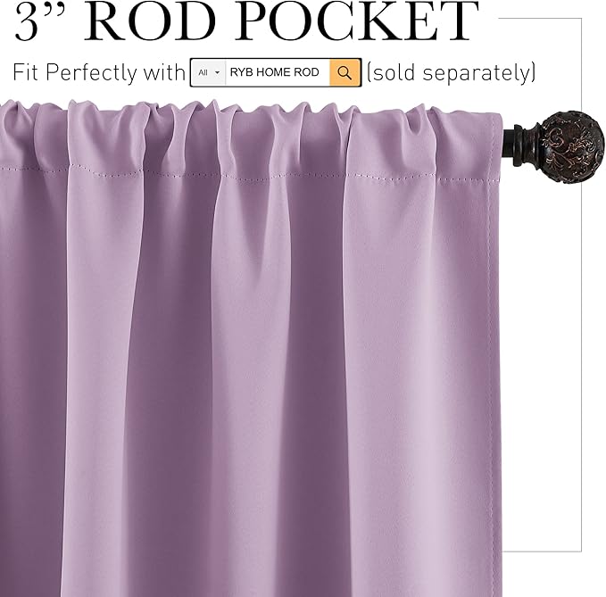 RYB HOME 84 inch Curtains Blackout, Solid Energy Efficiency Curtains & Drapes for Bedroom Thermal Insulated Window Treatment for Living Room, W 42 x L 84 inch, 2 Panels, Lilac
