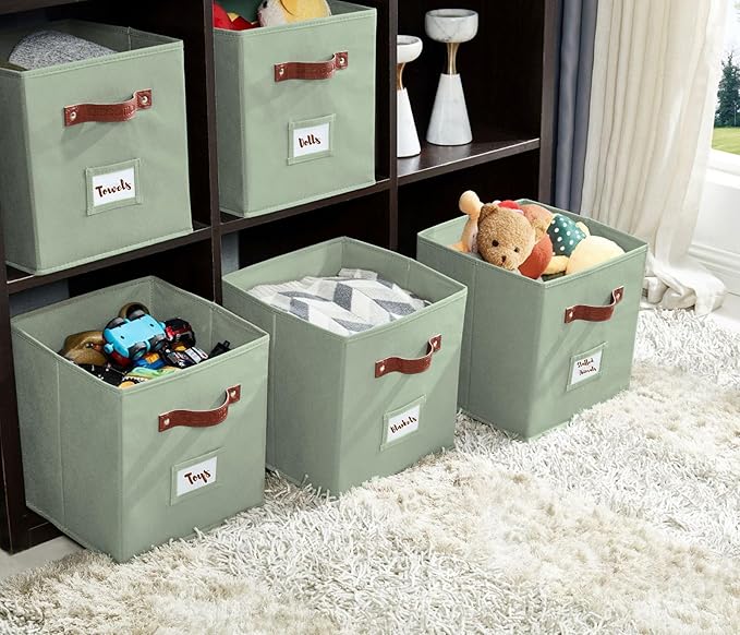 DECOMOMO Storage Bins, Cube Storage Bin with Labels, Fabric Storage Cubes for Shelves (10.5" x 11" / 6pcs, Sage Green)